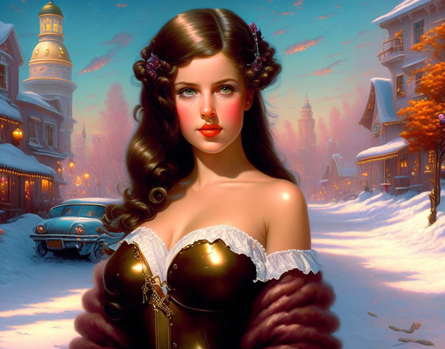 Dark-haired woman in strapless top and fur stole with vintage car and snowy street.