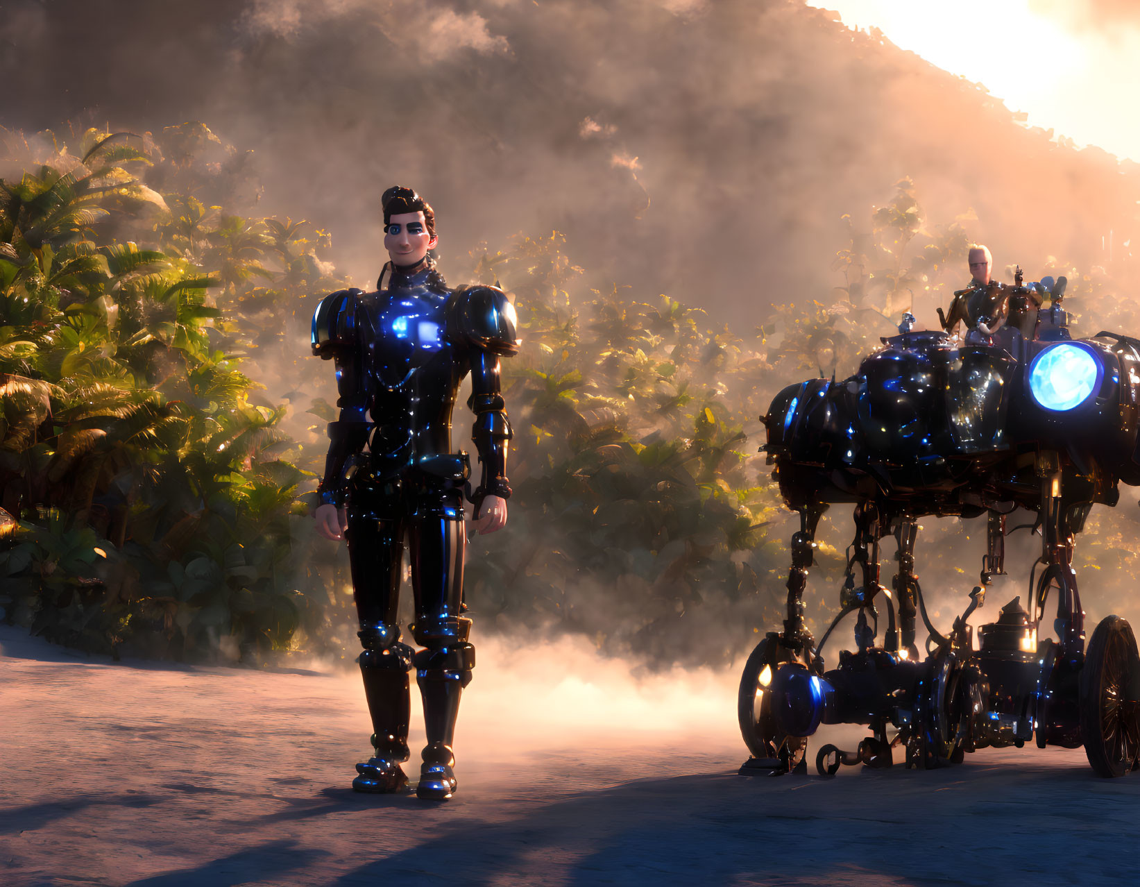 Futuristic humanoid robot and high-tech chariot in lush setting