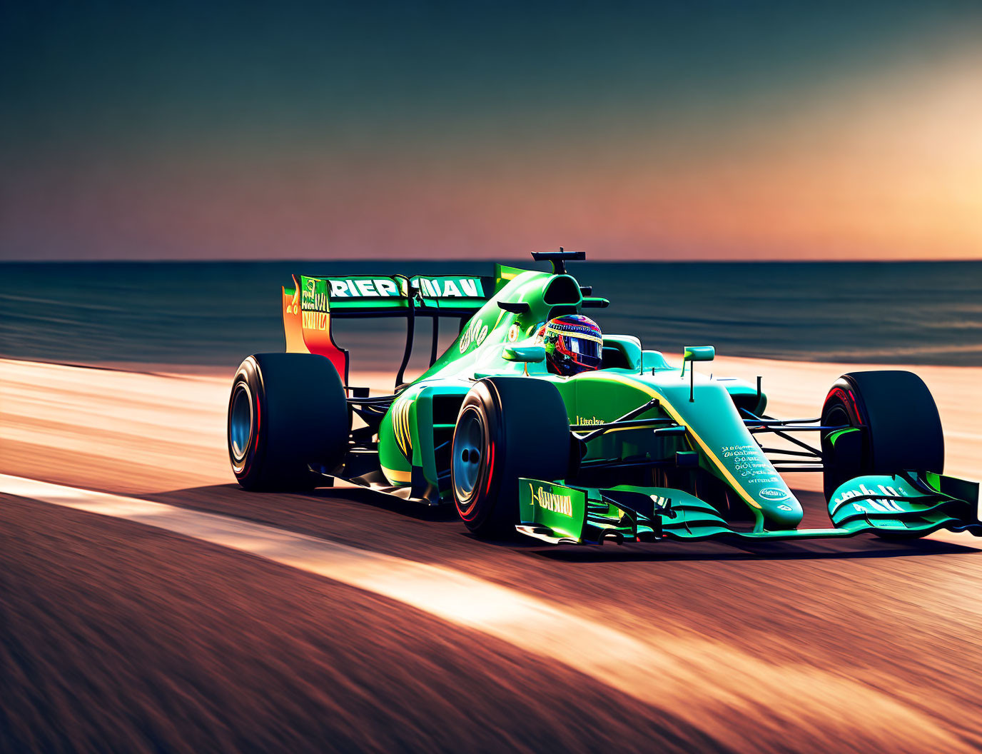 Sleek green Formula 1 race car on track at sunset