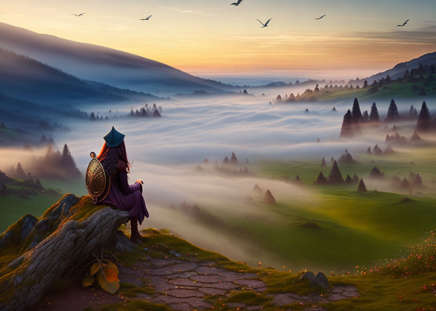 Cloaked figure on log gazes at misty valley at sunrise