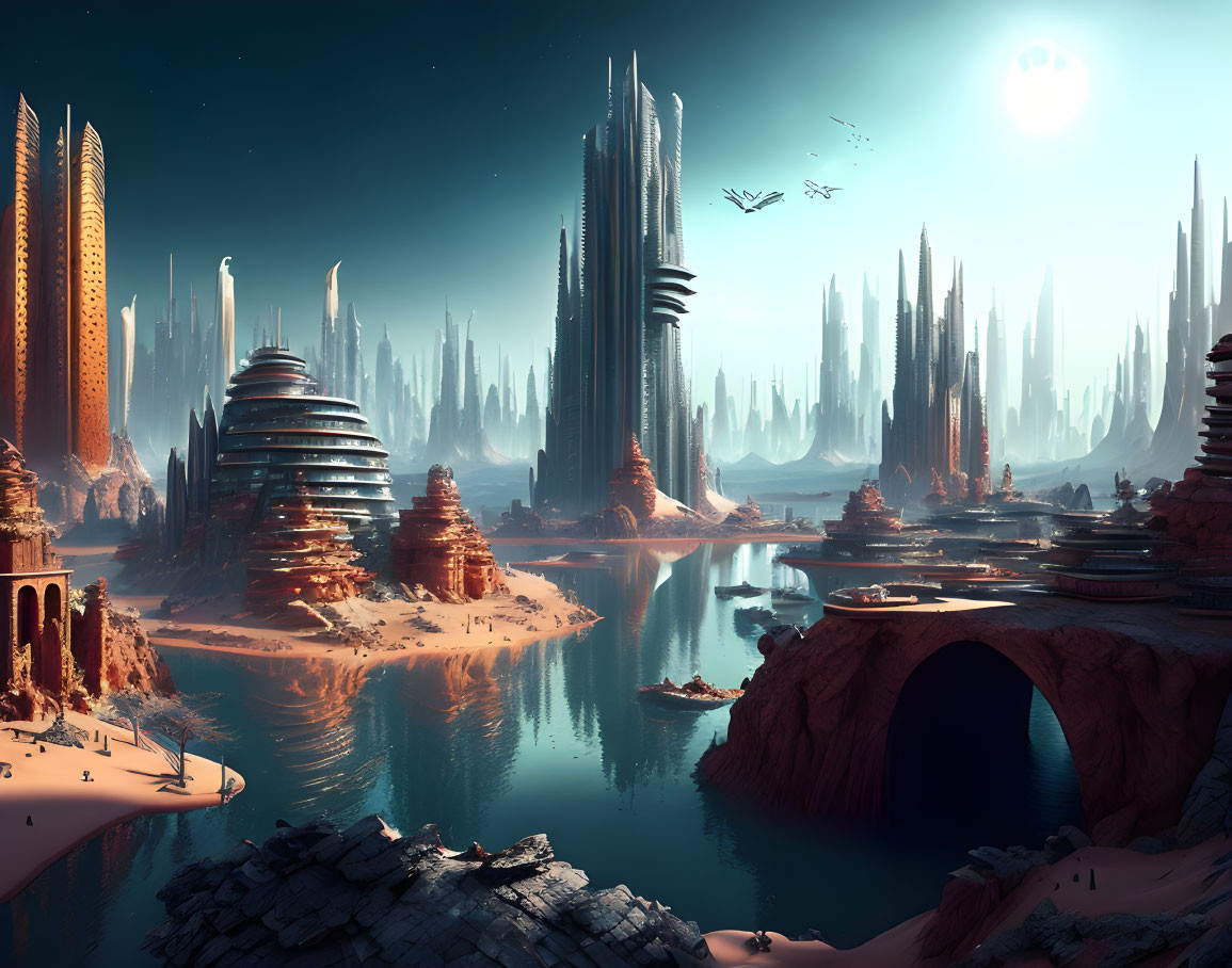 Futuristic cityscape with towering spires and domed structures in an alien desert.