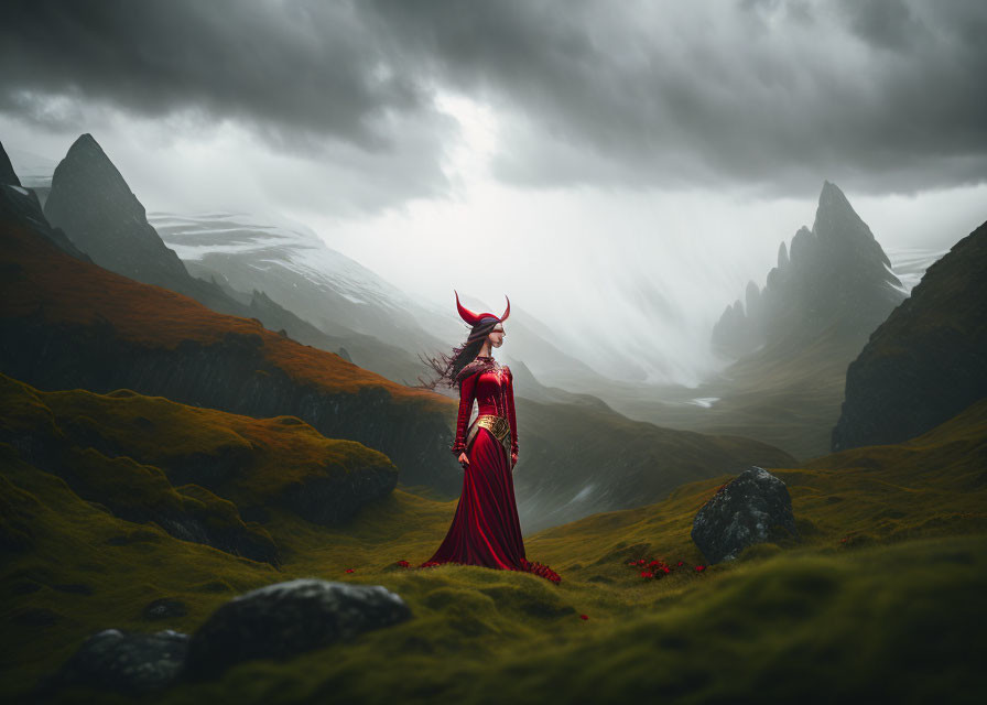 Person in Red Horned Costume on Misty Hill with Mountains