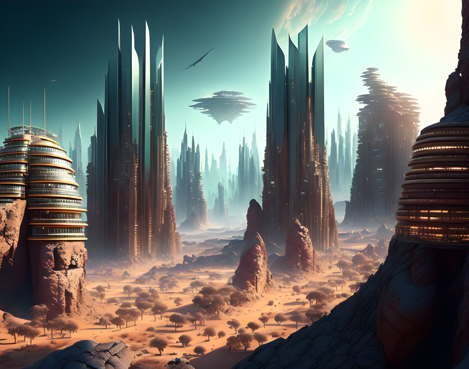 Futuristic cityscape with towering spires and flying vehicles in desert setting