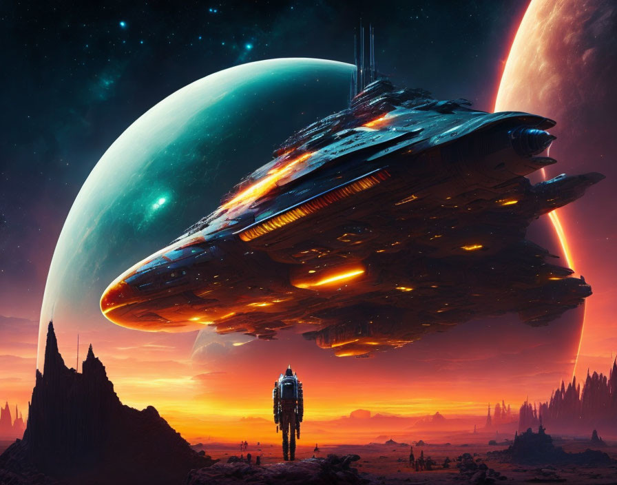Giant spaceship over alien landscape with spires and moons