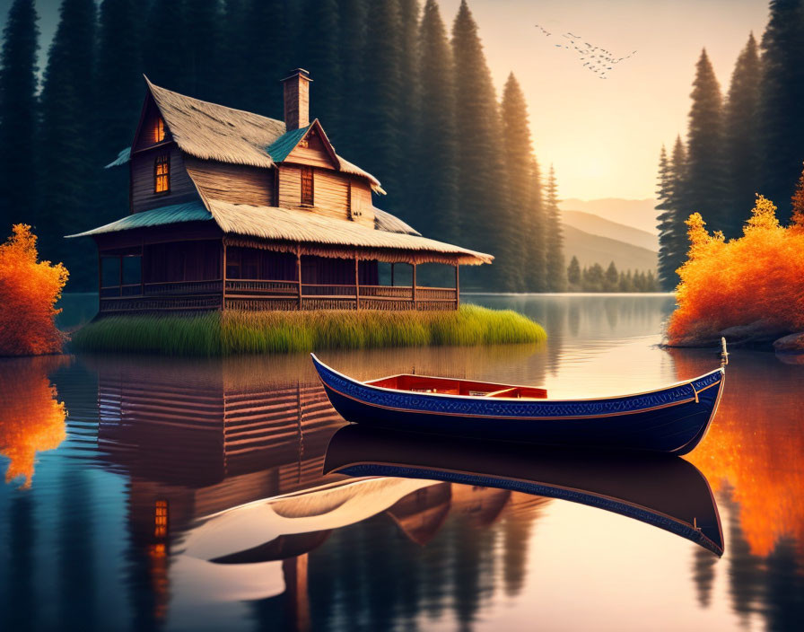 Tranquil lake scene with house reflection, canoe, autumn trees, and birds