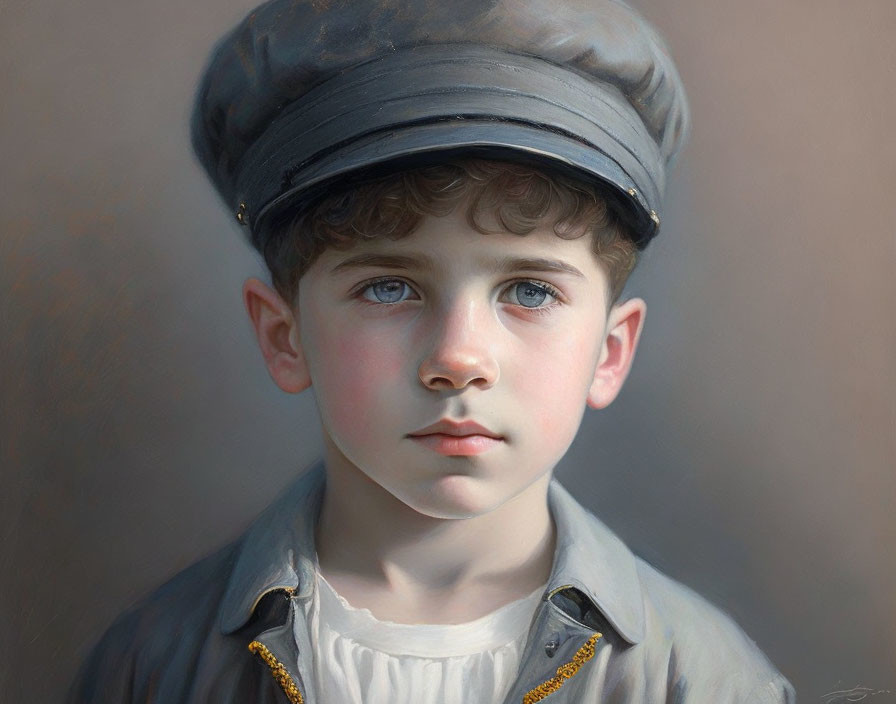 Realistic portrait of young boy with curly hair in vintage cap and collared shirt
