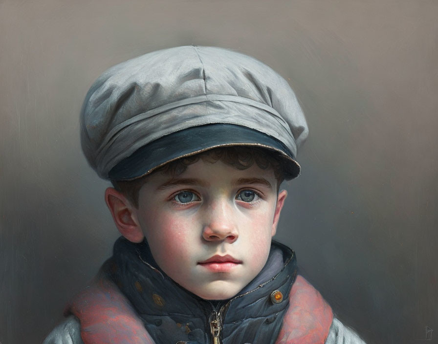 Young boy portrait with blue eyes, grey cap, and orange collar detail
