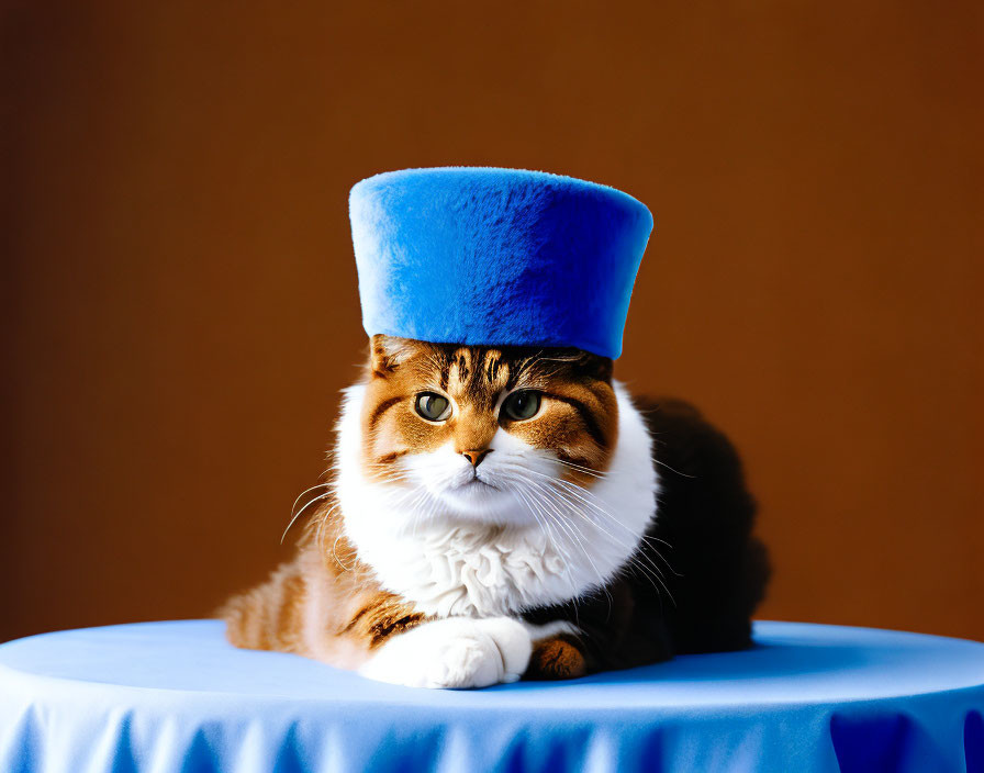 Brown and White Cat with Blue Hat on Blue Surface Against Brown Background