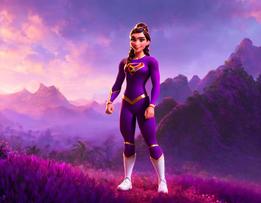 Animated female character in purple superhero suit in vibrant landscape