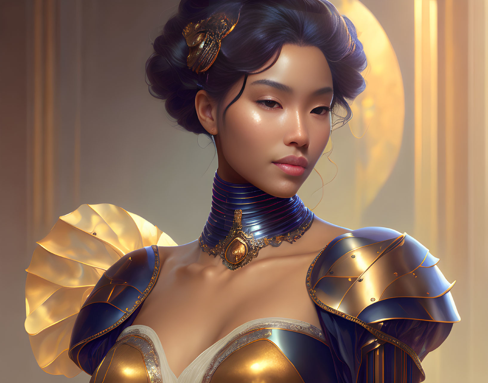 Fantasy armor design with elegant woman in digital artwork