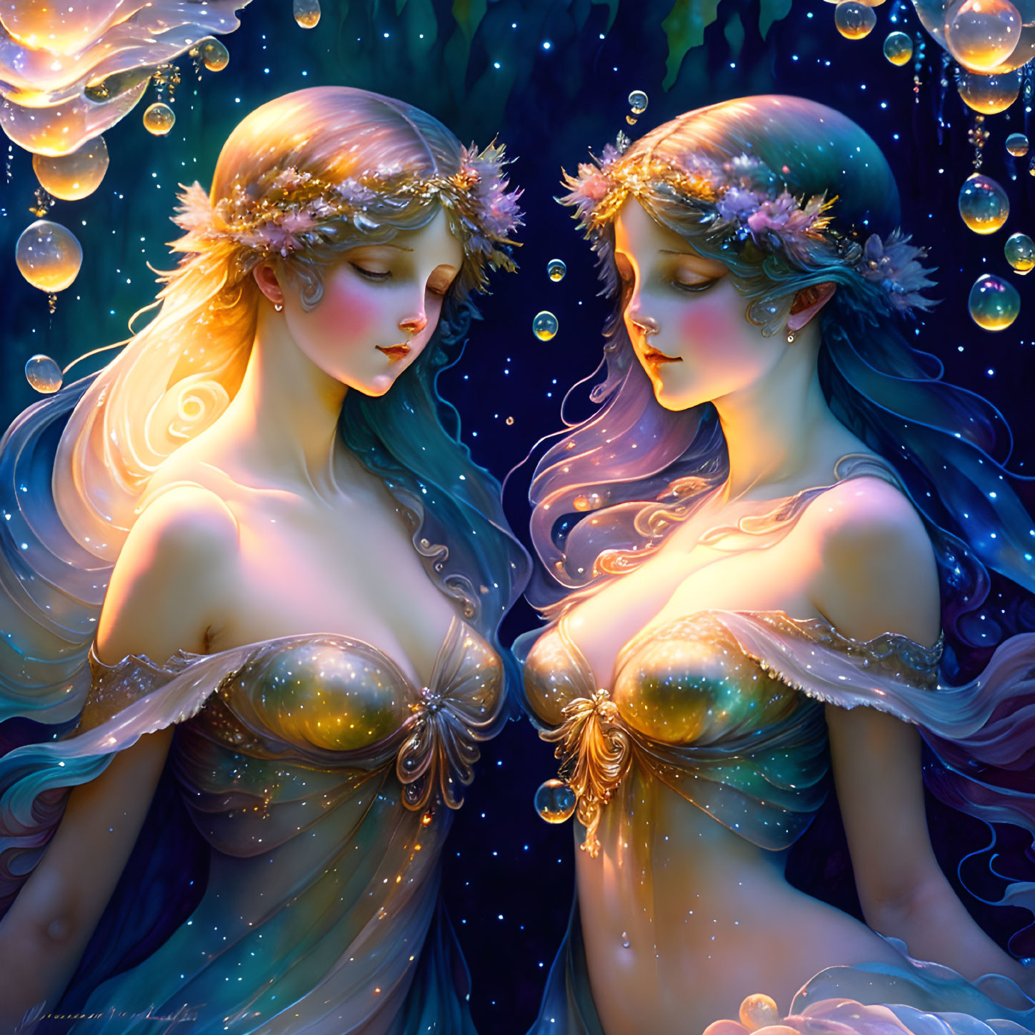 Ethereal female figures with flower crowns in mystical blue backdrop