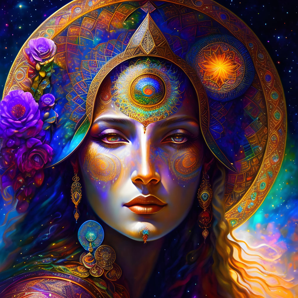 Cosmic-themed digital artwork of woman with ornate headgear and jewelry