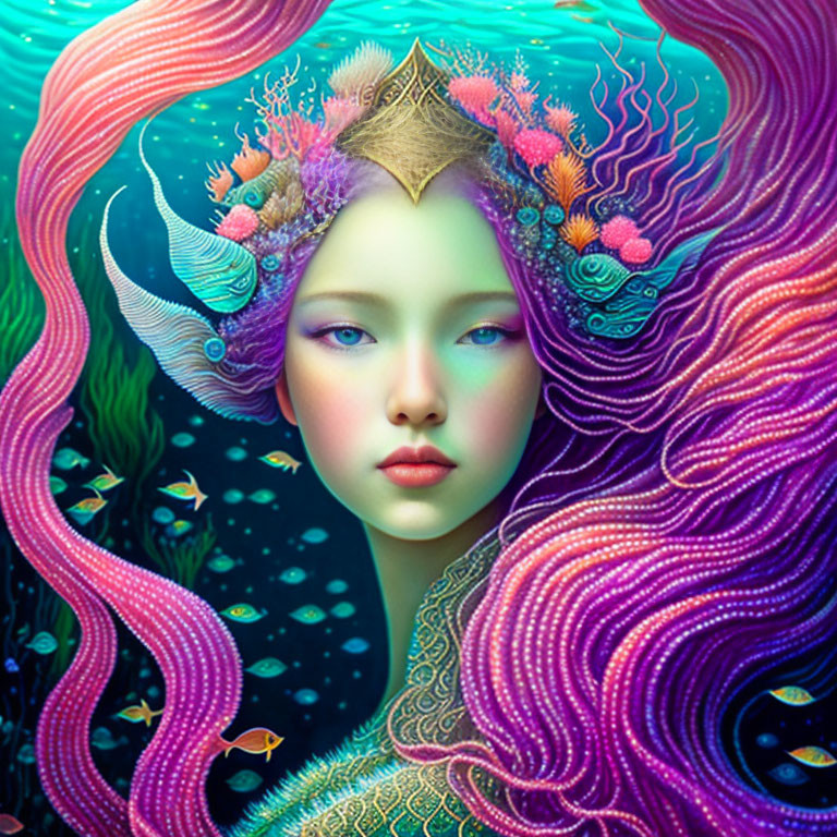 Fantastical woman portrait with ocean-themed hair and sea creatures on aquatic background.