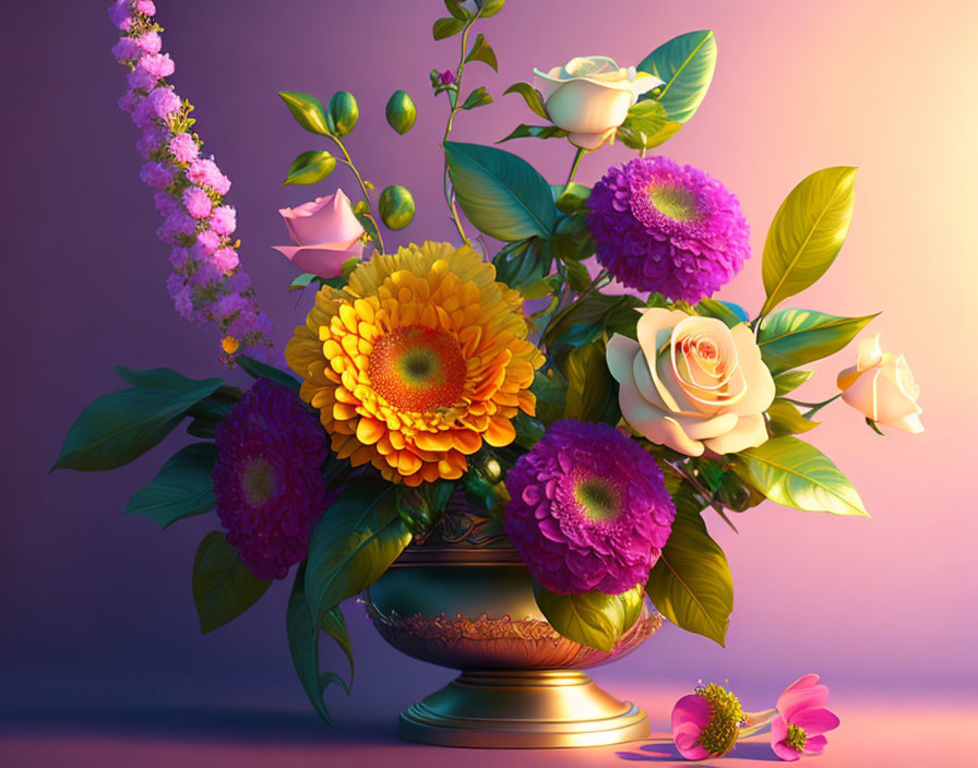 Colorful floral arrangement with roses, chrysanthemums, and gerbera in vase on