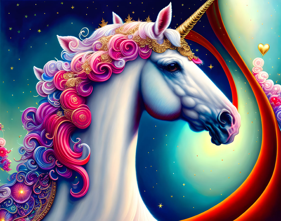 Colorful Unicorn with Flowing Mane in Magical Starry Backdrop