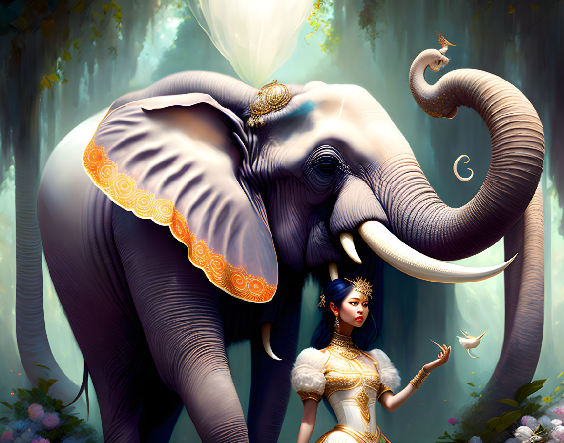 Digital Artwork: Majestic Elephant and Elegant Woman in Mystical Forest