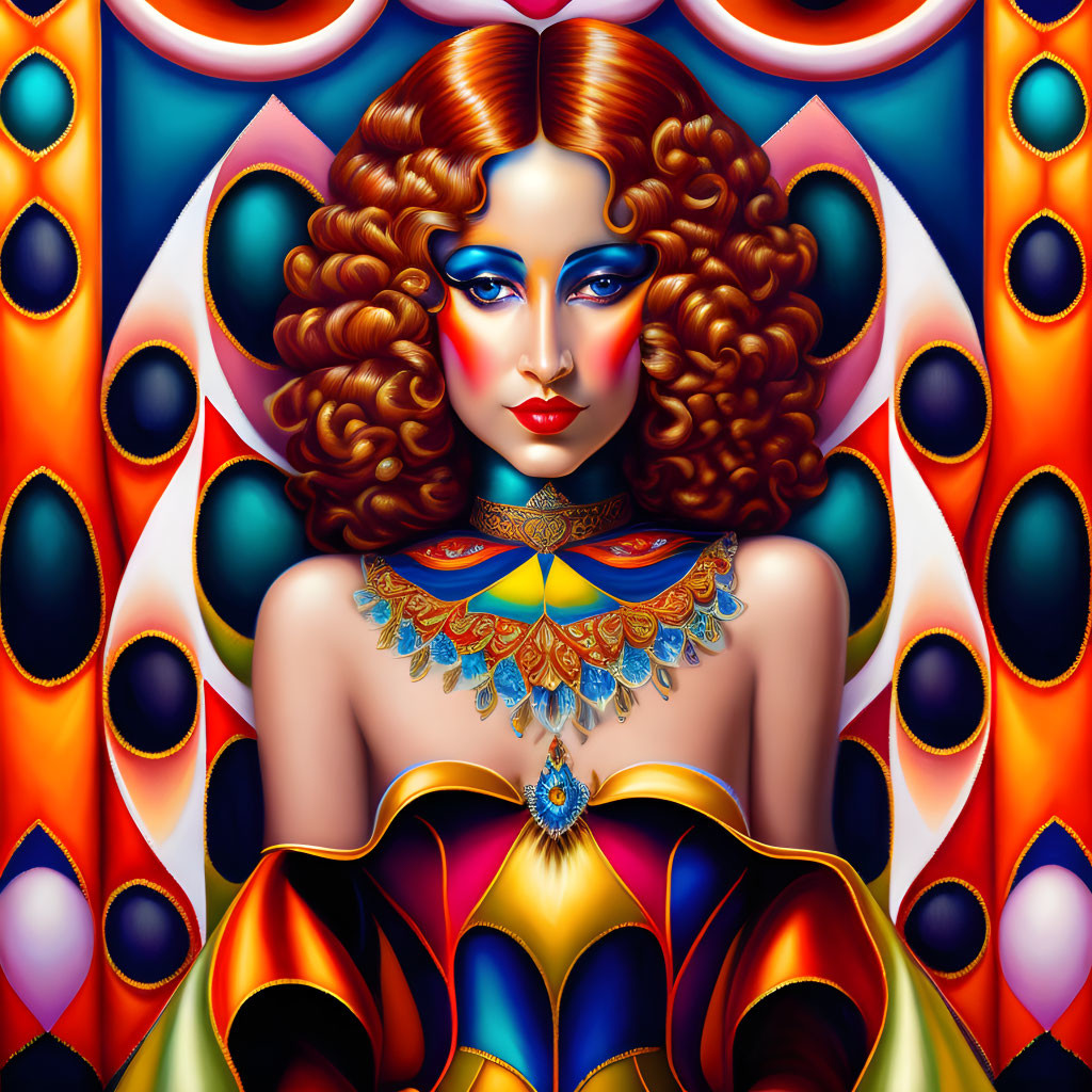 Colorful digital artwork: Stylized woman with red hair and blue eyes on psychedelic backdrop