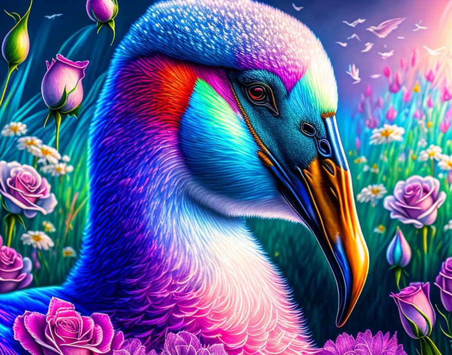 Colorful Swan Artwork with Rainbow Plumage and Floral Background