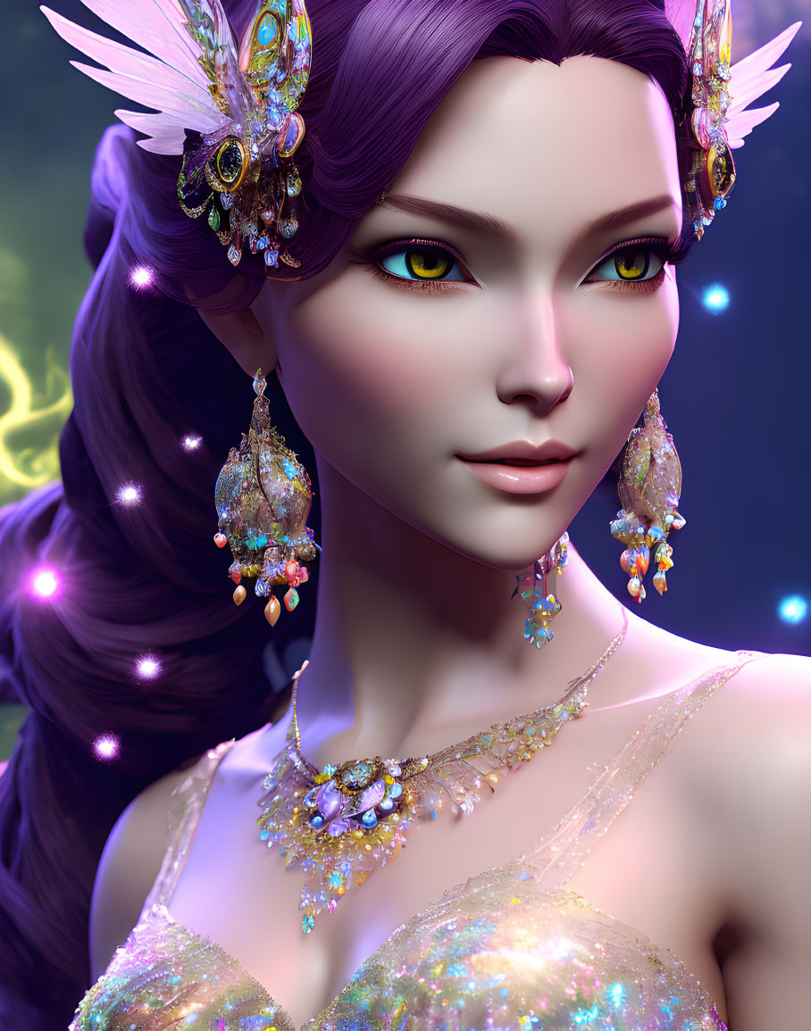 Fantasy Female Character 3D Render with Purple Hair and Elaborate Accessories