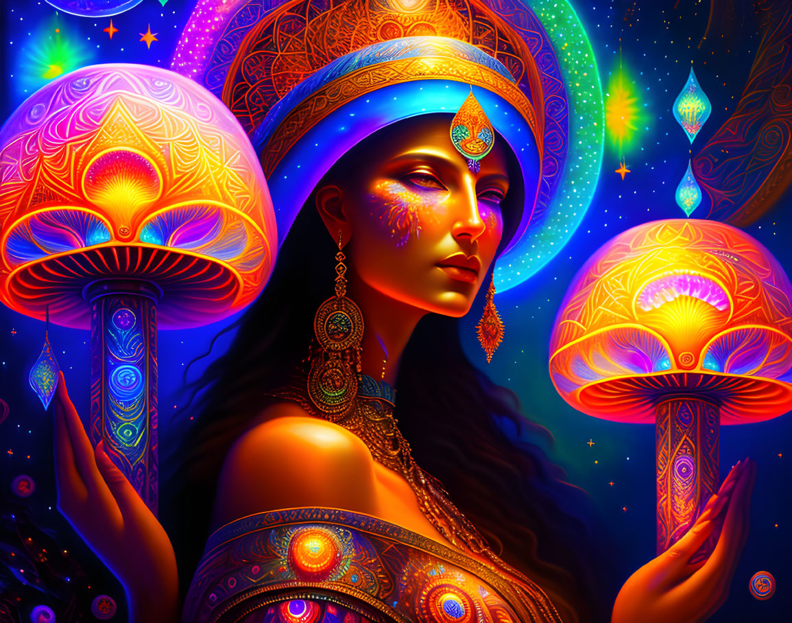 Colorful Artwork of Woman with Jewelry and Psychedelic Mushrooms