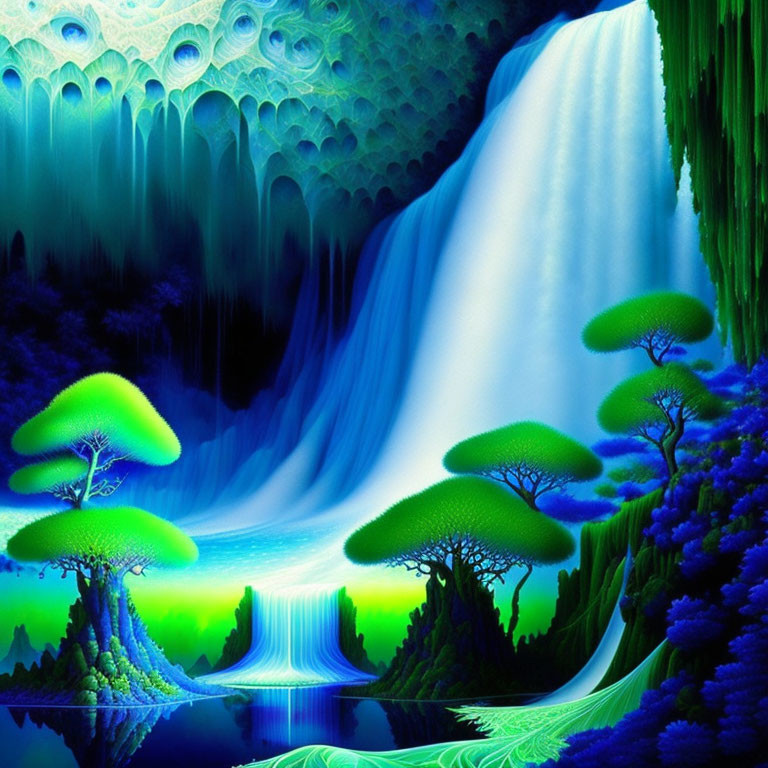 Vibrant digital artwork of luminous blue waterfall in mystical forest