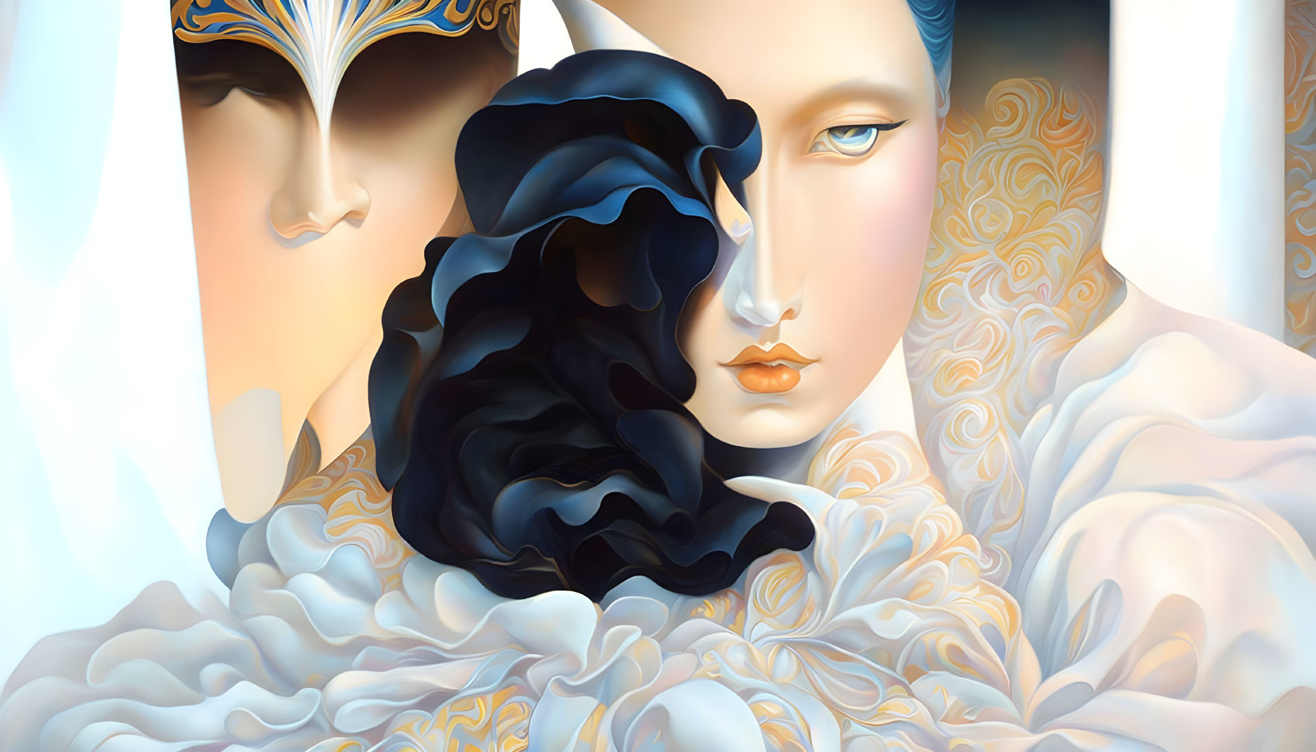 Surreal Artwork: Stylized Faces in Black Veil and Blue & White Patterns