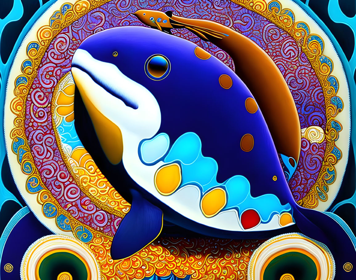 Vibrant Stylized Orca Artwork with Mandala Background