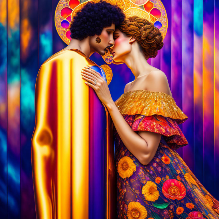 Stylized figures in romantic embrace with kiss against vibrant floral backdrop