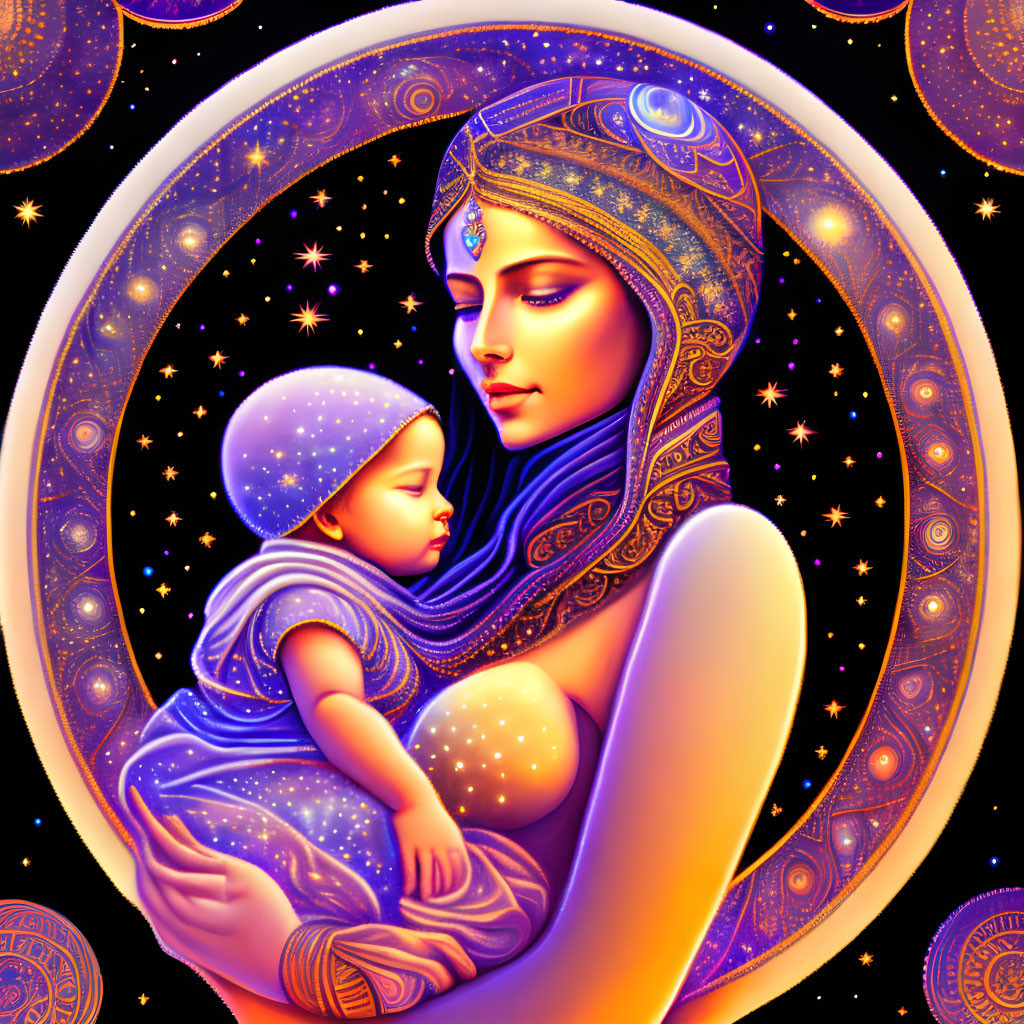 Illustration of woman in blue attire holding child against cosmic backdrop