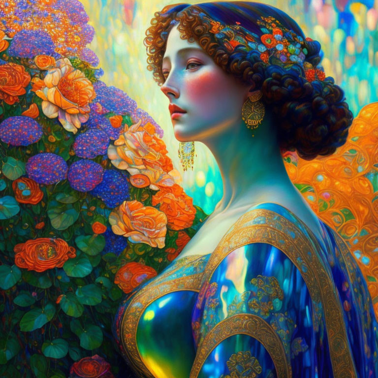 Digital artwork: Woman with curly red hair, gold earrings, blue dress, amidst lush flowers