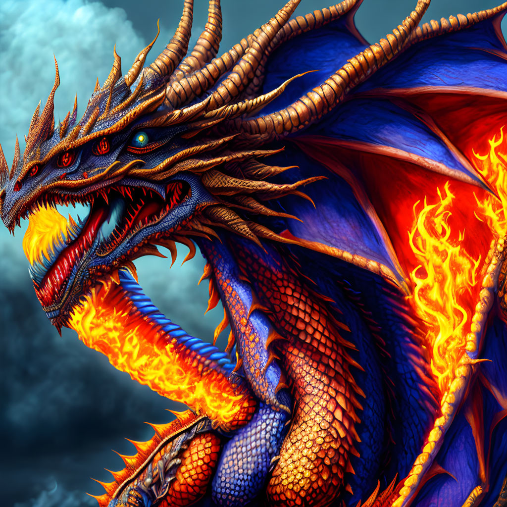 Detailed Multi-Headed Dragon Artwork with Fiery Wings and Scales