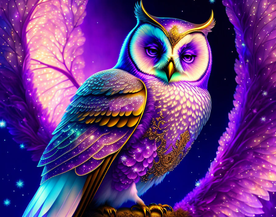 Stylized owl digital artwork with intricate patterns on mystical starry background.