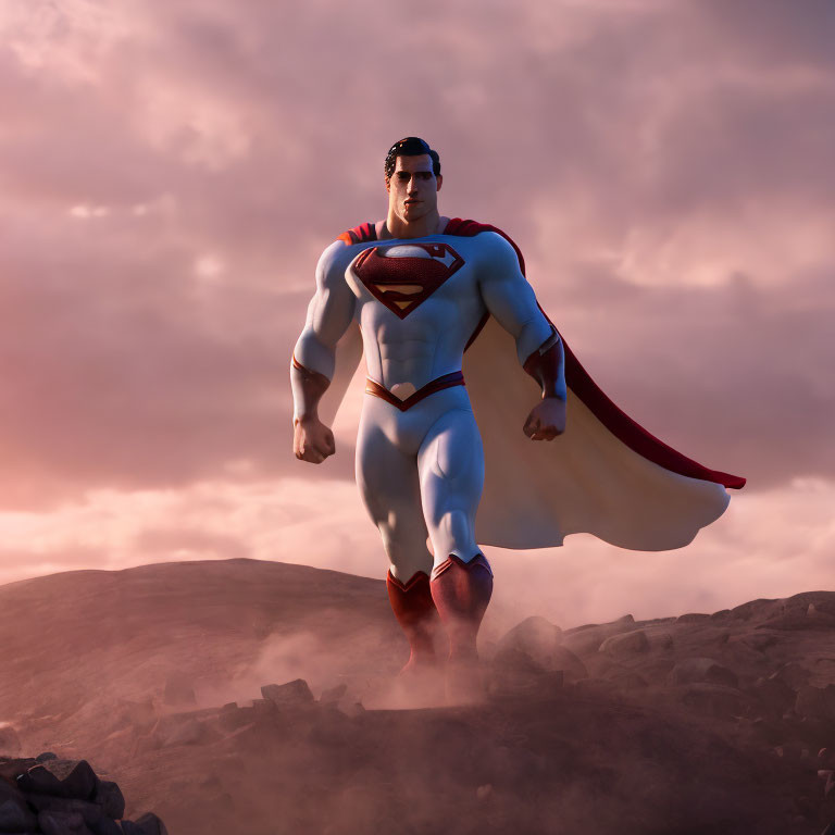 Computer-generated Superman in rocky terrain under sunset sky.