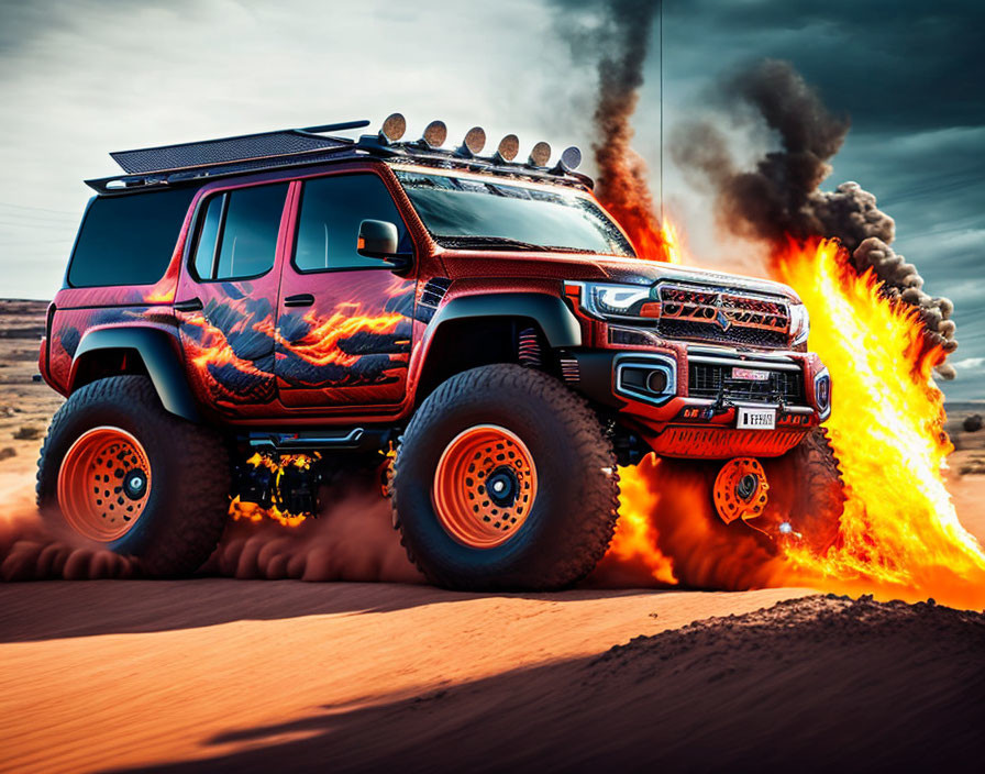 Modified vehicle with large wheels and red & black flame design drives on desert road