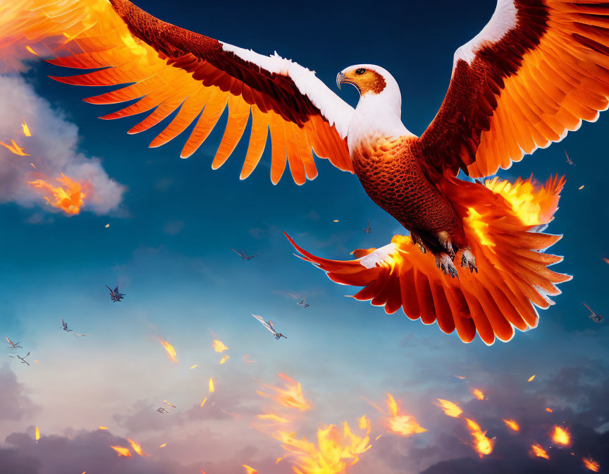 Majestic eagle with fiery wings in dramatic sky surrounded by birds and embers