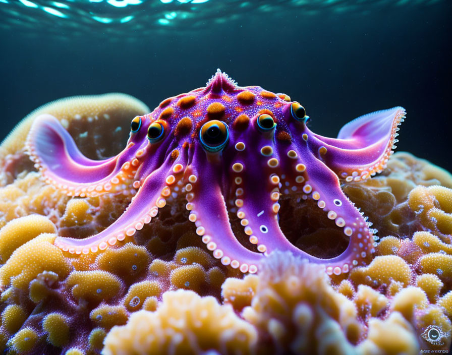 Colorful octopus on yellow coral in blue underwater scene