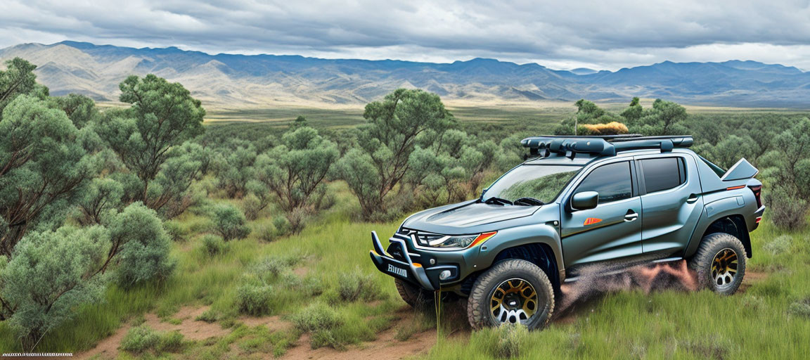 Off-road pickup truck navigating grassy plain with mountains in the distance