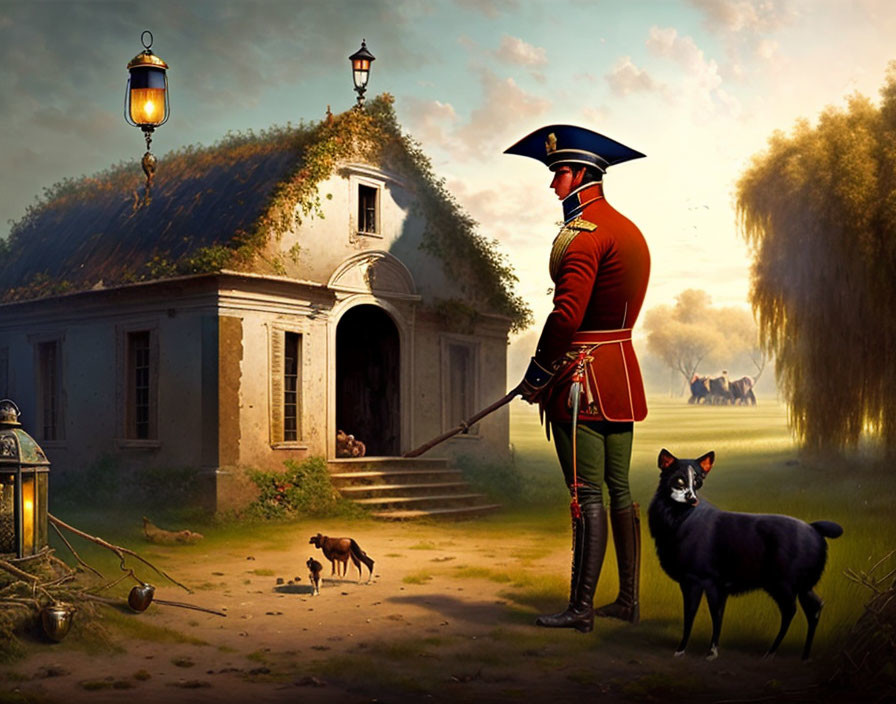 Vintage soldier in red uniform with sword and dogs in pastoral setting