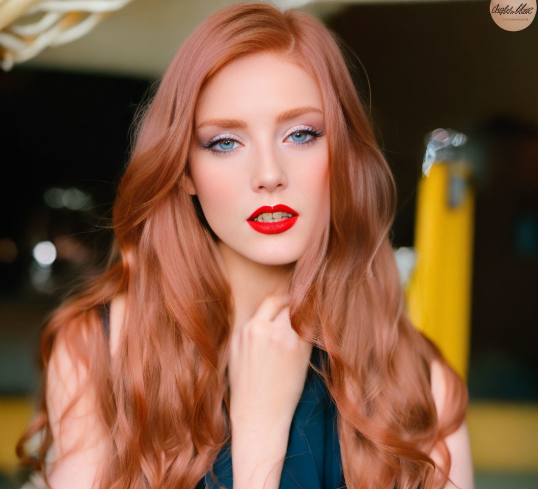 Portrait of woman with long red hair and blue eyes against blurred background