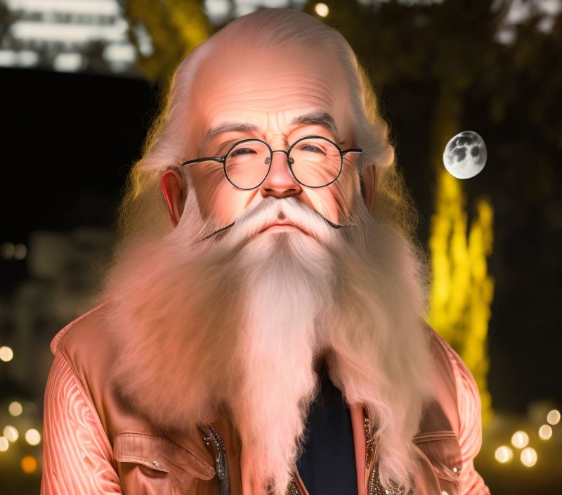 Elderly man with white beard and glasses in city night scene