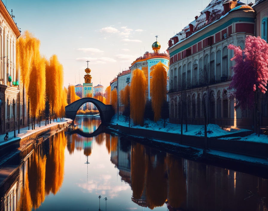 Scenic city canal with autumn trees and historic buildings reflected in water