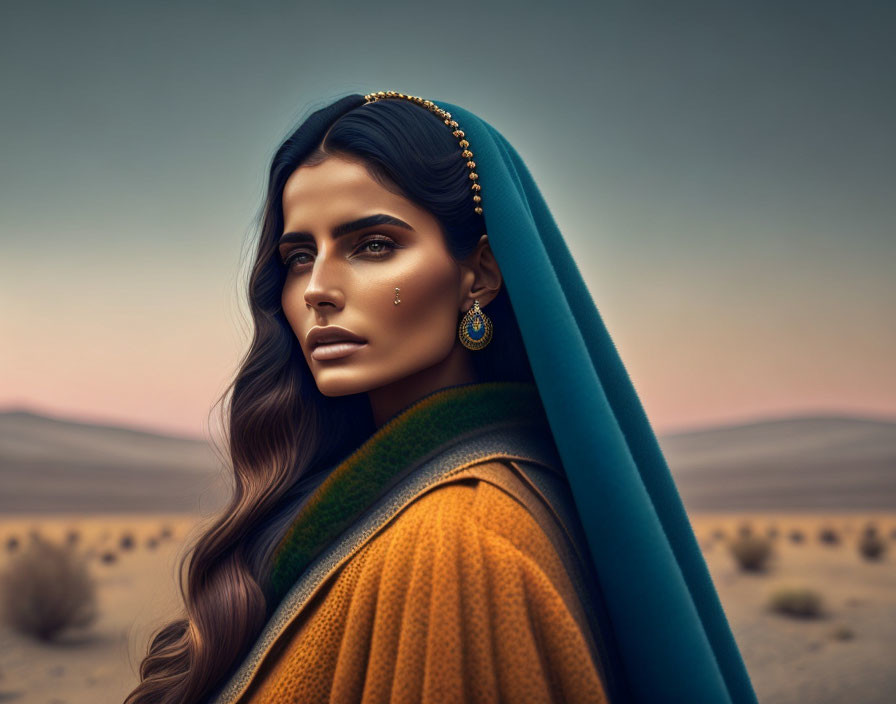 Woman in Blue Headscarf and Golden Jewelry Gazes into Desert Distance