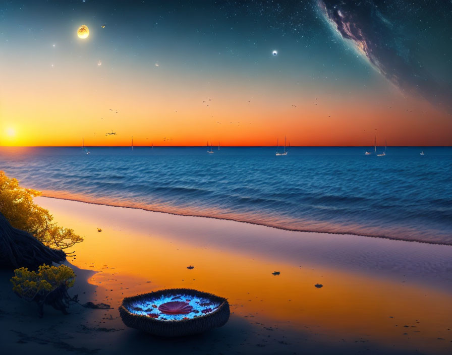 Vibrant surreal beachscape at sunset with multiple moons and glowing compass