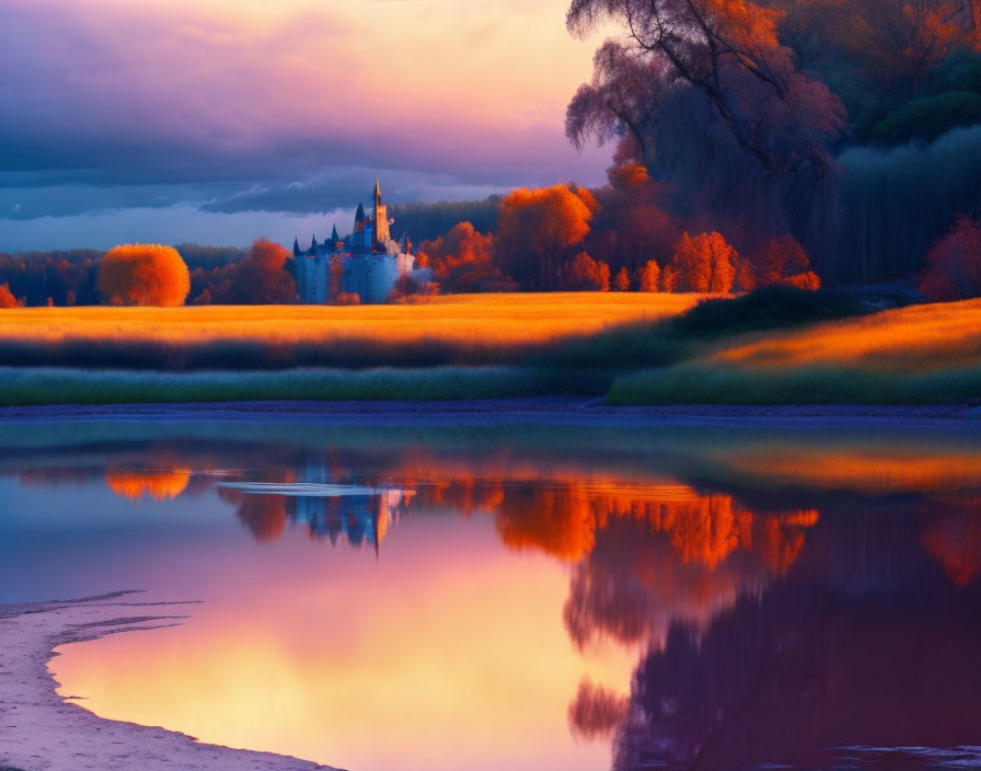 Tranquil river at sunset with golden hues and distant castle amid autumnal trees