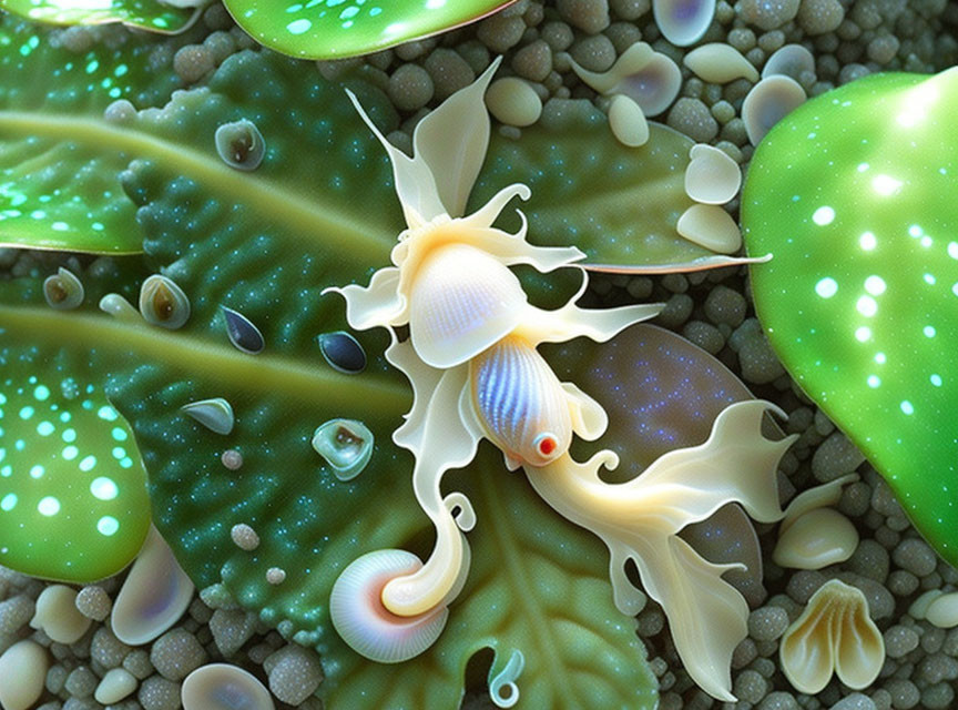 Colorful nudibranch with intricate patterns on body crawling over pebbles and green leaves with water