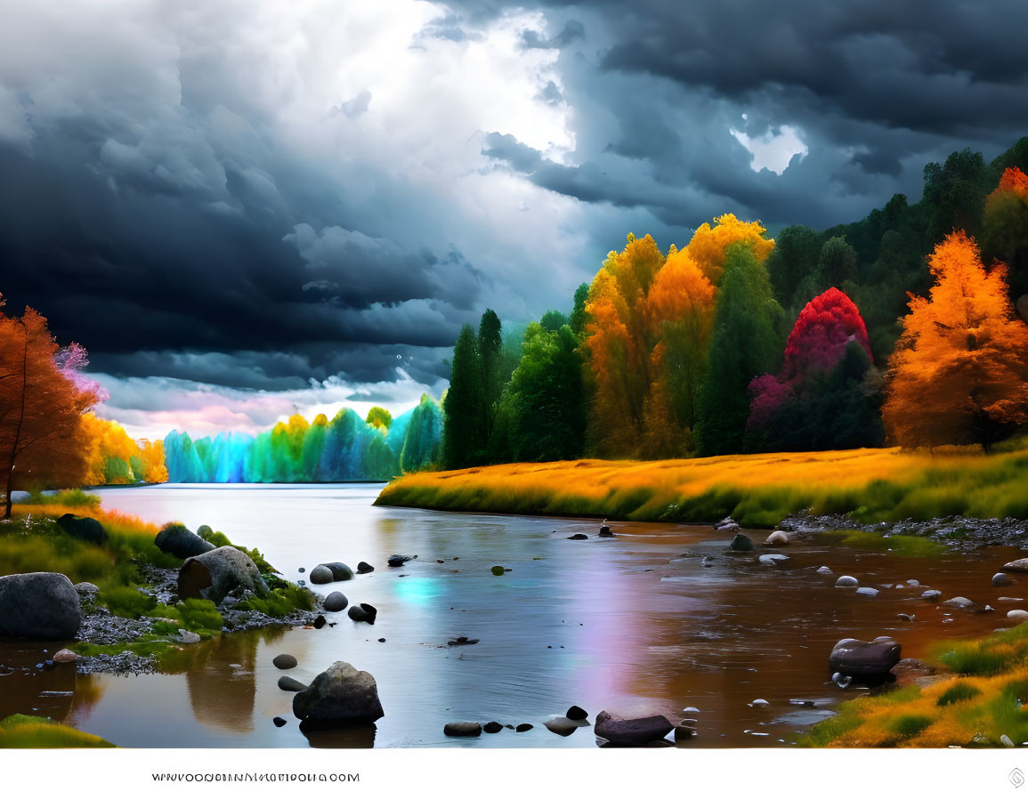 Colorful Landscape with River, Stones, Autumn Trees, and Cloudy Sky