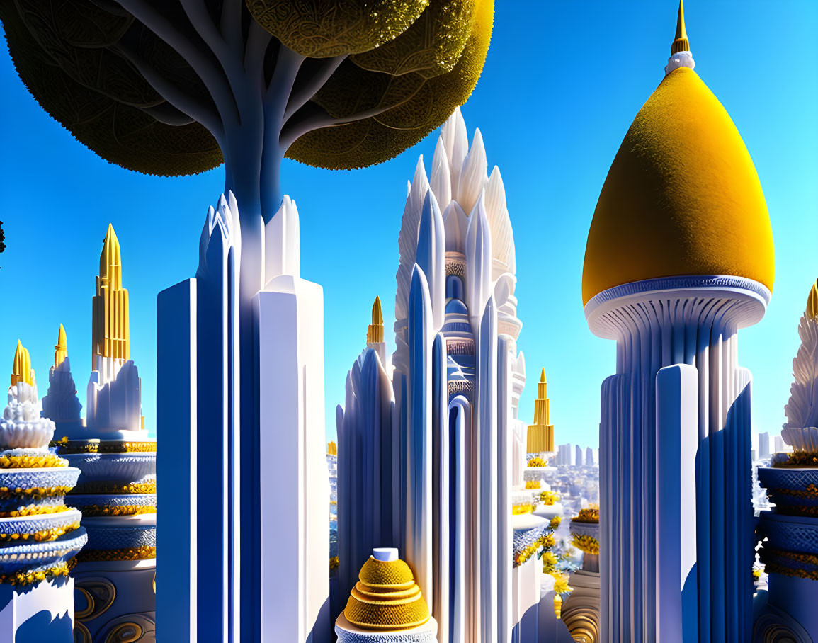 Surreal fantasy landscape with blue and gold towering structures