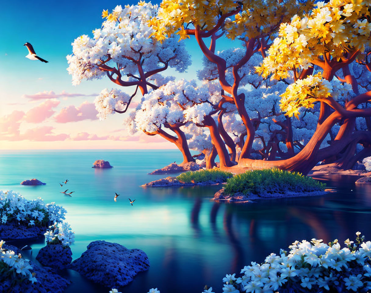 Tranquil sunset scene with flowering trees and flying birds