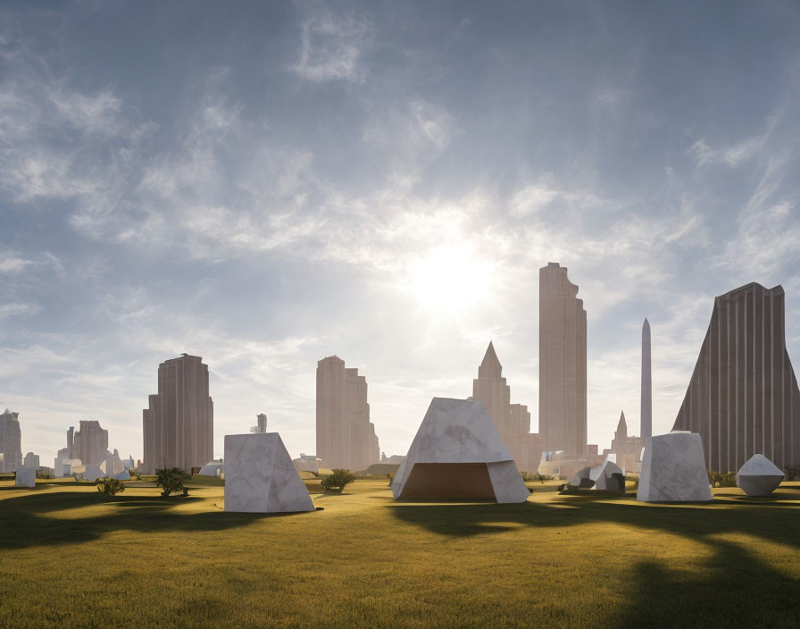 Modern cityscape at sunrise with geometric sculptures on grassy field