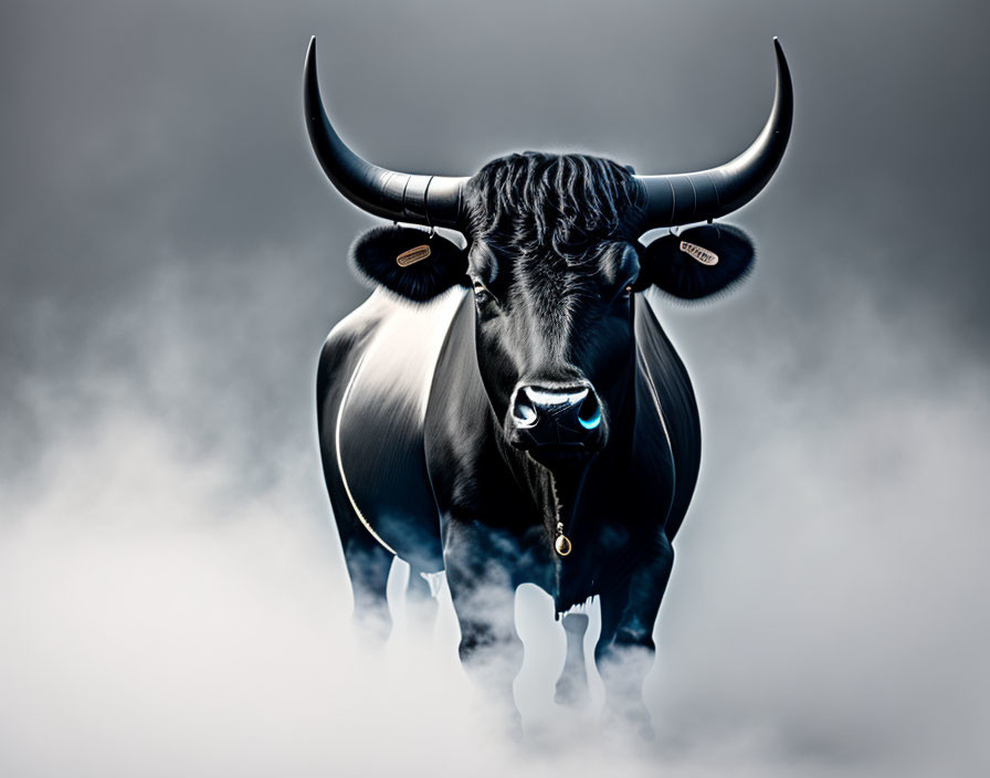 Majestic black bull with horns and nose ring in misty setting